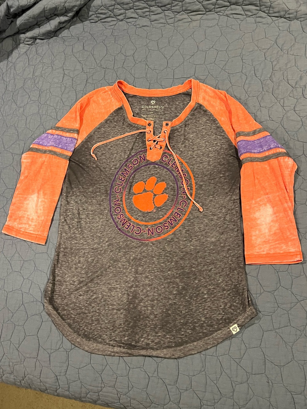 Colosseum women's Clemson Gray Tee with Orange Raglan Sleeves and Purple Stripes